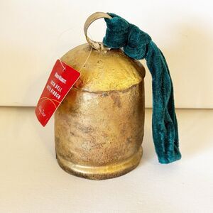 World Market Gold Cow Bell With Green Velvet Hanger Old World Xmas Decor 6” NWT